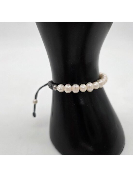 Handmade Jewelry - Freshwater Pearl & Sterling Beads Adjustable Macrame Bracelet With Gray Cord